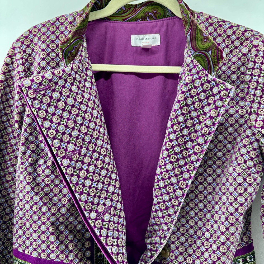 ISAAC MIZRAHI Purple Green VELVET Paisley Blazer Bohemian SUIT JACKET WOMENS M - Picture 7 of 11